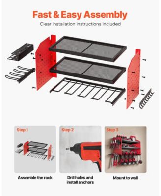 Wall-Mount Power Tool Organizer, 3-Tier Rack w/ 4 Drill Holders & Side Pegboards, Garage/Workshop Storage