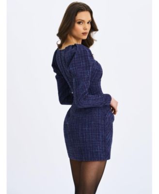 Women's Denise Navy Tweed Ruched Puff Sleeve Mini Dress