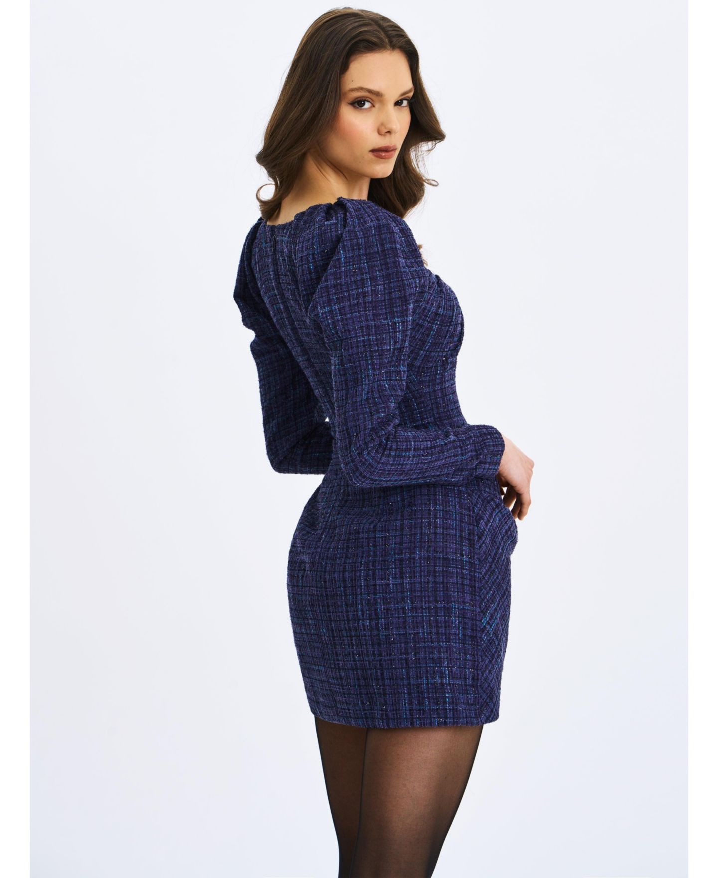 Женское платье Miss Circle Denise Navy Tweed Ruched Puff Sleeve Mini, цвет: Тёмно-синий — фото 6