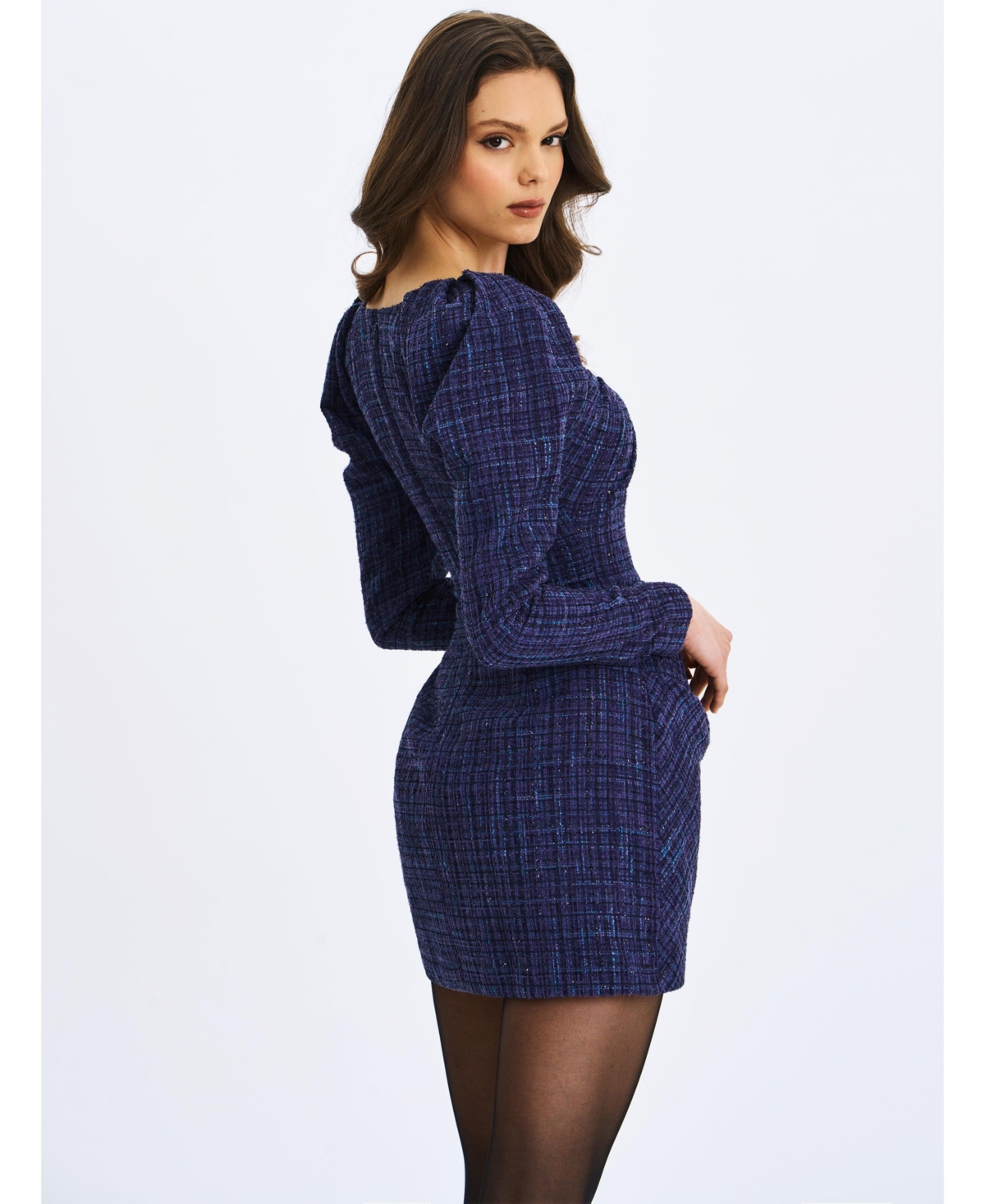 Miss Circle Women's Denise Navy Tweed Ruched Puff Sleeve Mini Dress