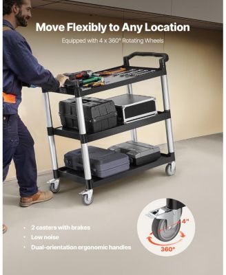 3-Tier Utility Cart, 500-Lb Capacity, 31.1" x 19.3", Plastic Service Cart w/ Swivel Wheels & Brakes