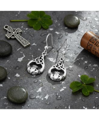 Friendship Love Symbol Celtic Claddagh Heart Dangle Earrings Oxidized .925 Sterling Silver