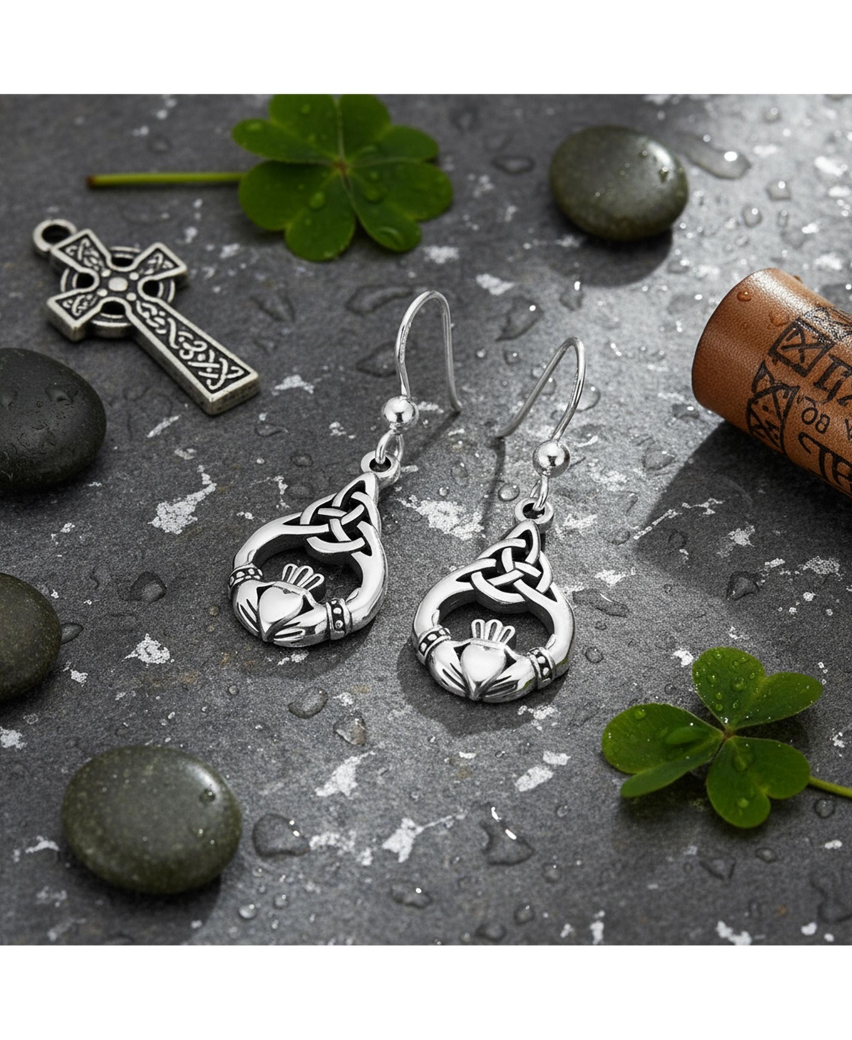 Bling Jewelry Friendship Love Symbol Celtic Claddagh Heart Dangle Earrings Oxidized .925 Sterling Silver