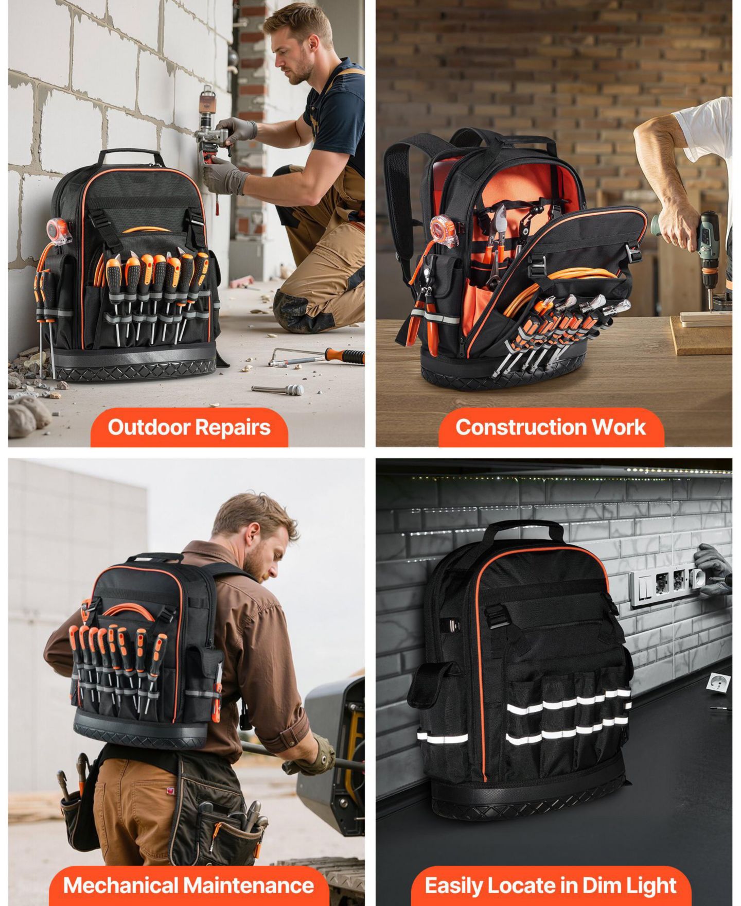 Рюкзак Mecale Tool, 64 Pockets, Heavy-Duty Jobsite w/ Laptop Compartment & Molded Base, Tradesmen Bag, цвет: Чёрный — фото 10
