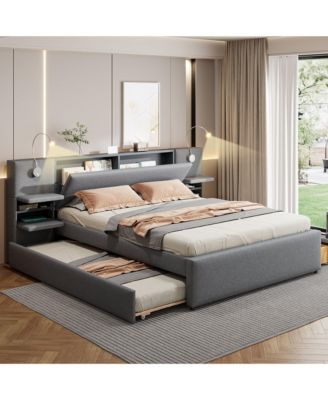 Queen Size Upholstered Platform Bed with Reading Lights and Storage Solutions