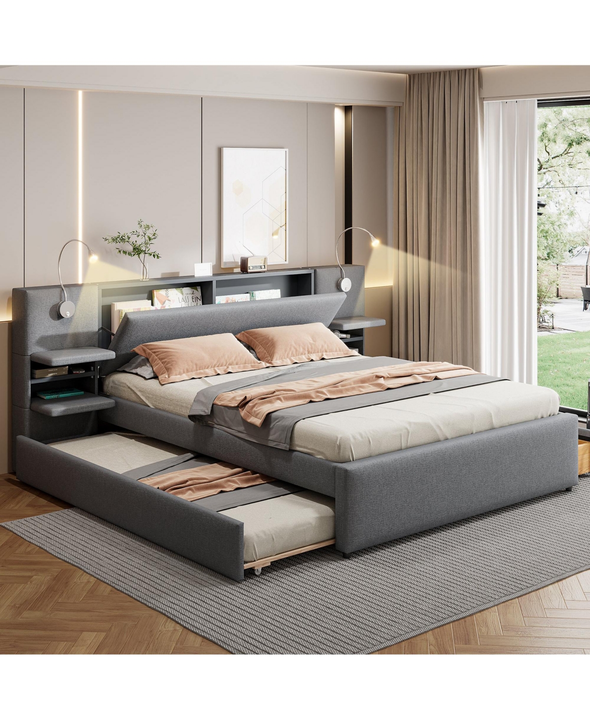 Boyel Living Queen Size Upholstered Platform Bed with Reading Lights and Storage Solutions