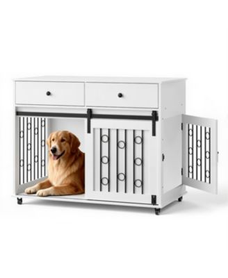  Dog Crate Furniture with Double Drawers and Sliding Barn Door in White