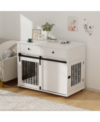  Dog Crate Furniture with Double Drawers and Sliding Barn Door in White