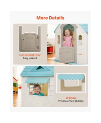 Outdoor Playhouse, 5-In-1 Cottage Play House with Pretend Play, Basketball, Darts, Soccer, Ring Toss