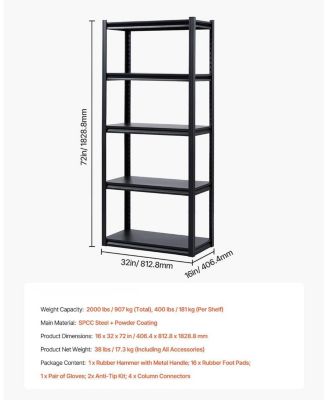 5-Tier Storage Shelves, 2000-Lb Capacity, 16"D x 32"W x 72"H, Adjustable Metal Utility Rack, Black
