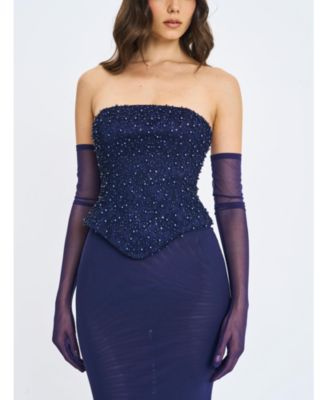 Women's Orabelle Navy Beaded Peplum Mermaid Gown with Lace-up Back