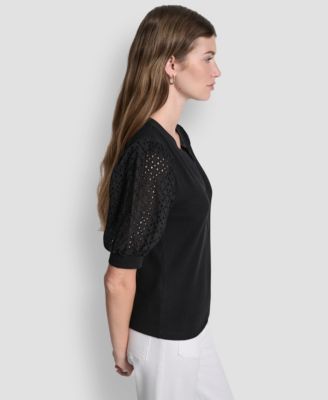 Petite Rib Body Eyelet V-Neck Top