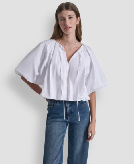 Petite V-Neck Pull-On Bubble Top - White