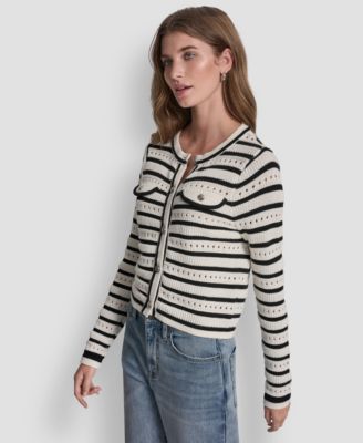 Petite Long-Sleeve Crewneck Pointelle Cardigan