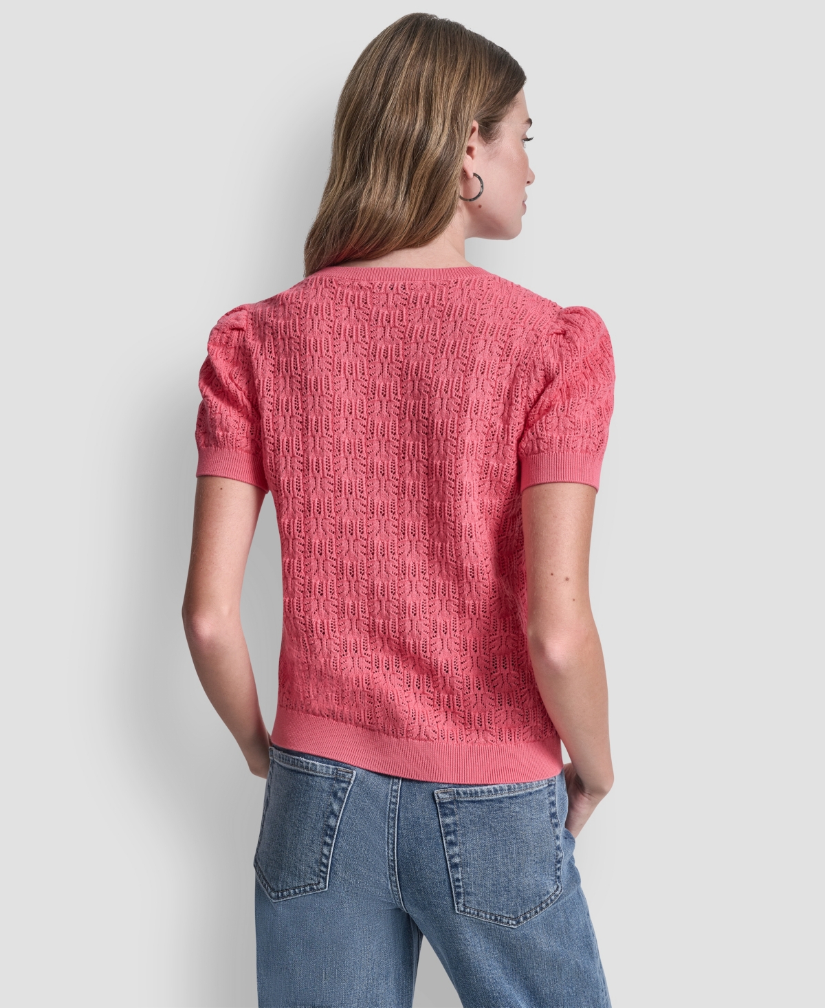 Dkny Jeans Petite Short-Sleeve Lace Pointelle Stitch Sweater