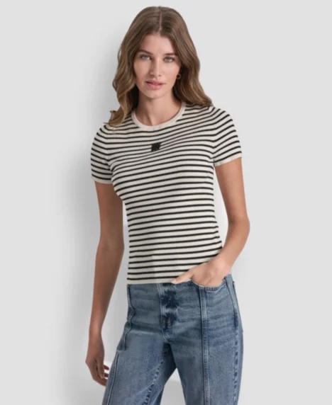 Petite Crew Neck Striped Rib Top - Eggnog/Black
