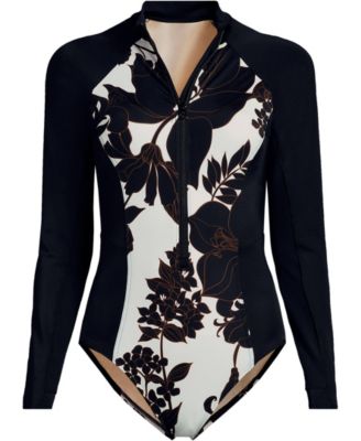 Petite Tugless Long Sleeve Rash Guard One Piece Swimsuit