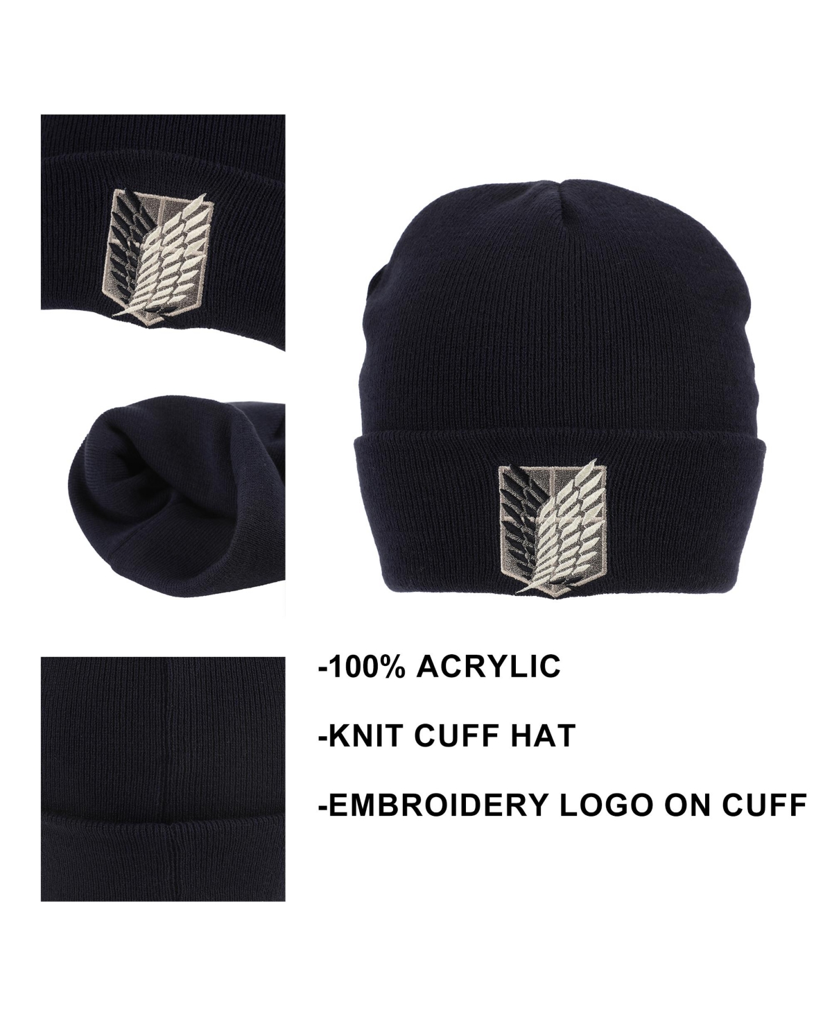 Attack on Titan Men's Embroidered Survey Corps Logo Black Cuff Beanie