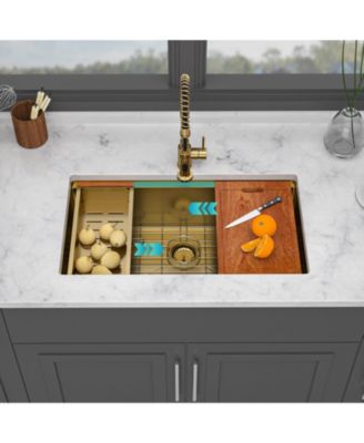 33x19x10 Inch Single Bowl Undermount Workstation Gold Kitchen Sink 16 Gauge 304 Stainless Steel Deep Sink