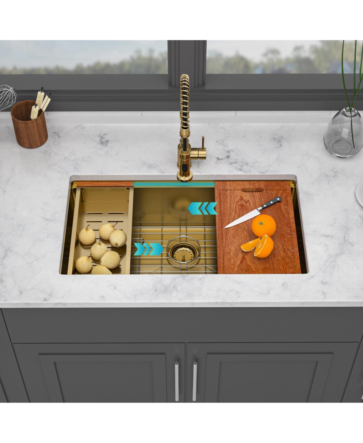 flynama 33x19x10 Inch Single Bowl Undermount Workstation Gold Kitchen Sink 16 Gauge 304 Stainless Steel Deep Sink