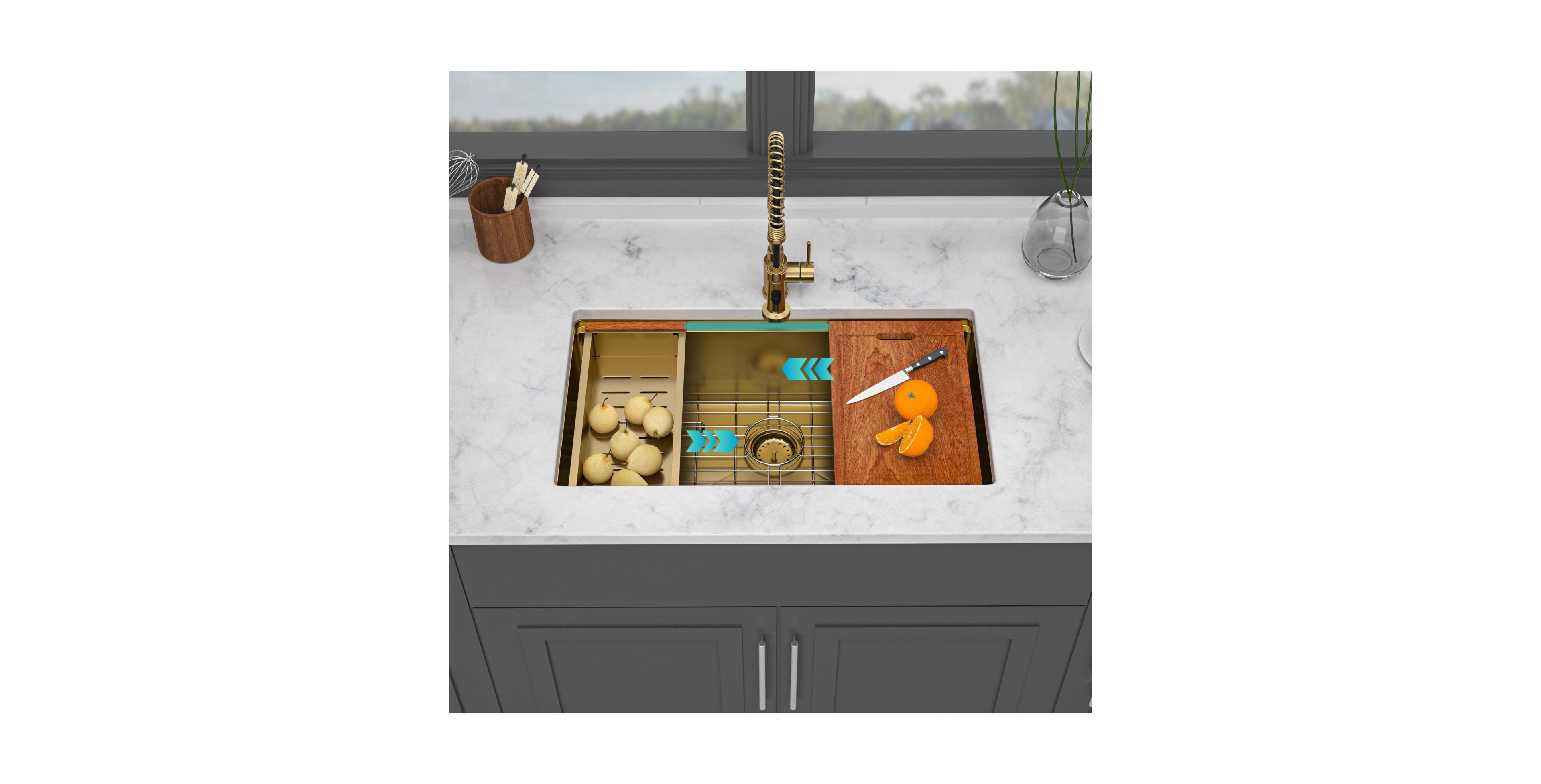 flynama 33x19x10 Inch Single Bowl Undermount Workstation Gold Kitchen Sink 16 Gauge 304 Stainless Steel Deep Sink