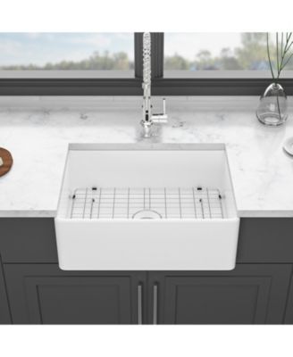 28x20x10inch White Ceramic Porcelain Single Bowl Rectangular Farmhouse Kitchen Sink with Stainless Steel Accessories