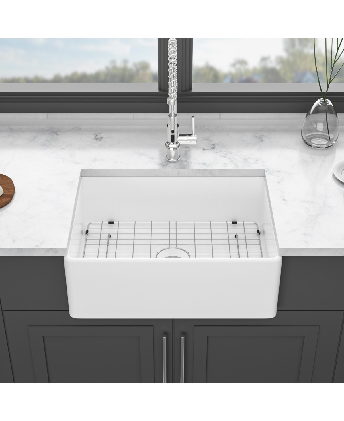 flynama 28x20x10inch White Ceramic Porcelain Single Bowl Rectangular Farmhouse Kitchen Sink with Stainless Steel Accessories