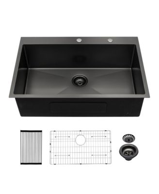 Gunmetal Black Single Bowl Topmount Kitchen Sink 16 Gauge T304 Nano Stainless Steel With Dish Grid Drain Assembly Drying Rack