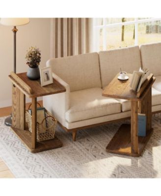 Solid Wood C-Shaped End Table, Farmhouse Wooden Side Table with Book Groove & Holder, 2-Tier Bedside Nightstand