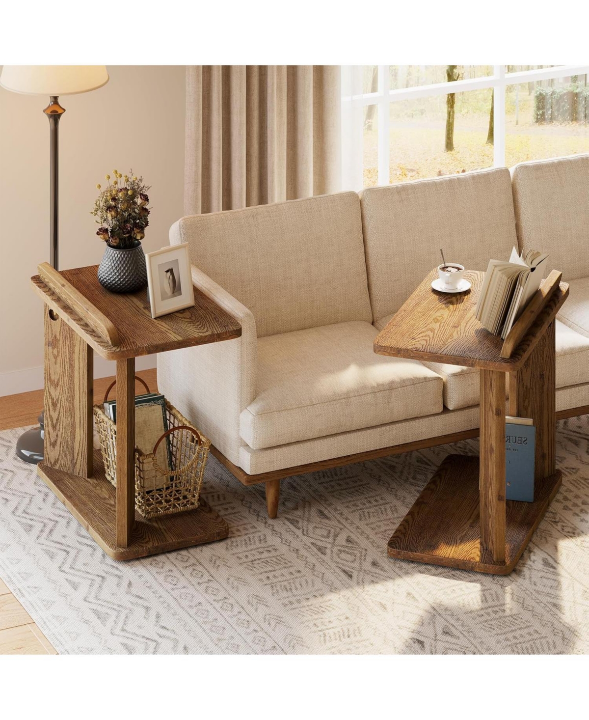 Tribesigns Solid Wood C-Shaped End Table, Farmhouse Wooden Side Table with Book Groove & Holder, 2-Tier Bedside Nightstand