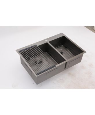 33x22x9inch Gunmetal Black Double Bowl Kitchen Sink Drop In Stainless Steel 16 Gauge 60 40 Split