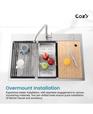 30inch Overmount Single Bowl Brushed 304 Stainless Steel Handmade Sink SS BR 08 with Cutting Board Colander Grid