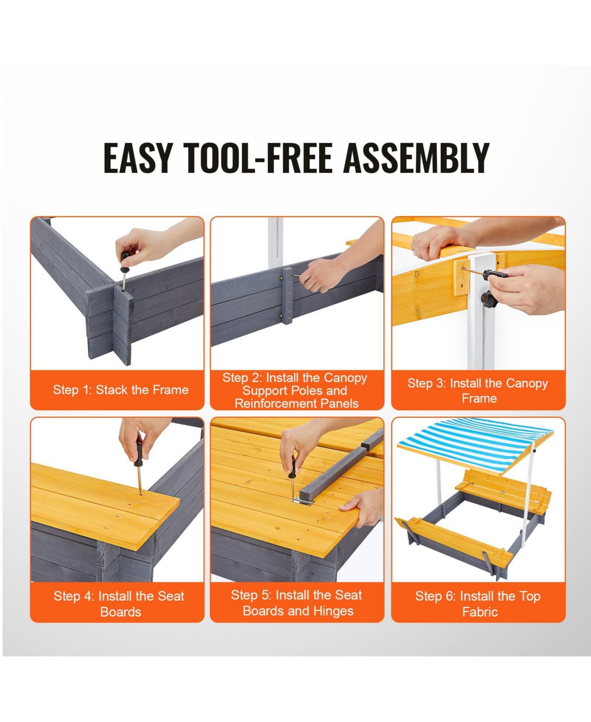 Slickblue Wooden Sandbox with Canopy, Foldable Bench Seats, and Liner