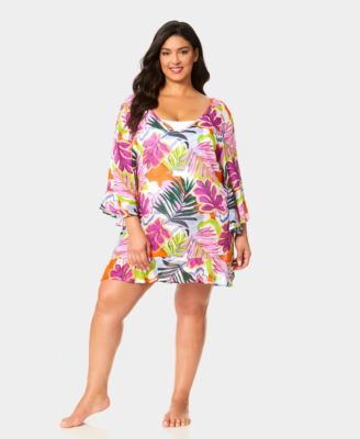 Plus Size V-Neck Bell Sleeve Printed Swim Tunic Cover Up