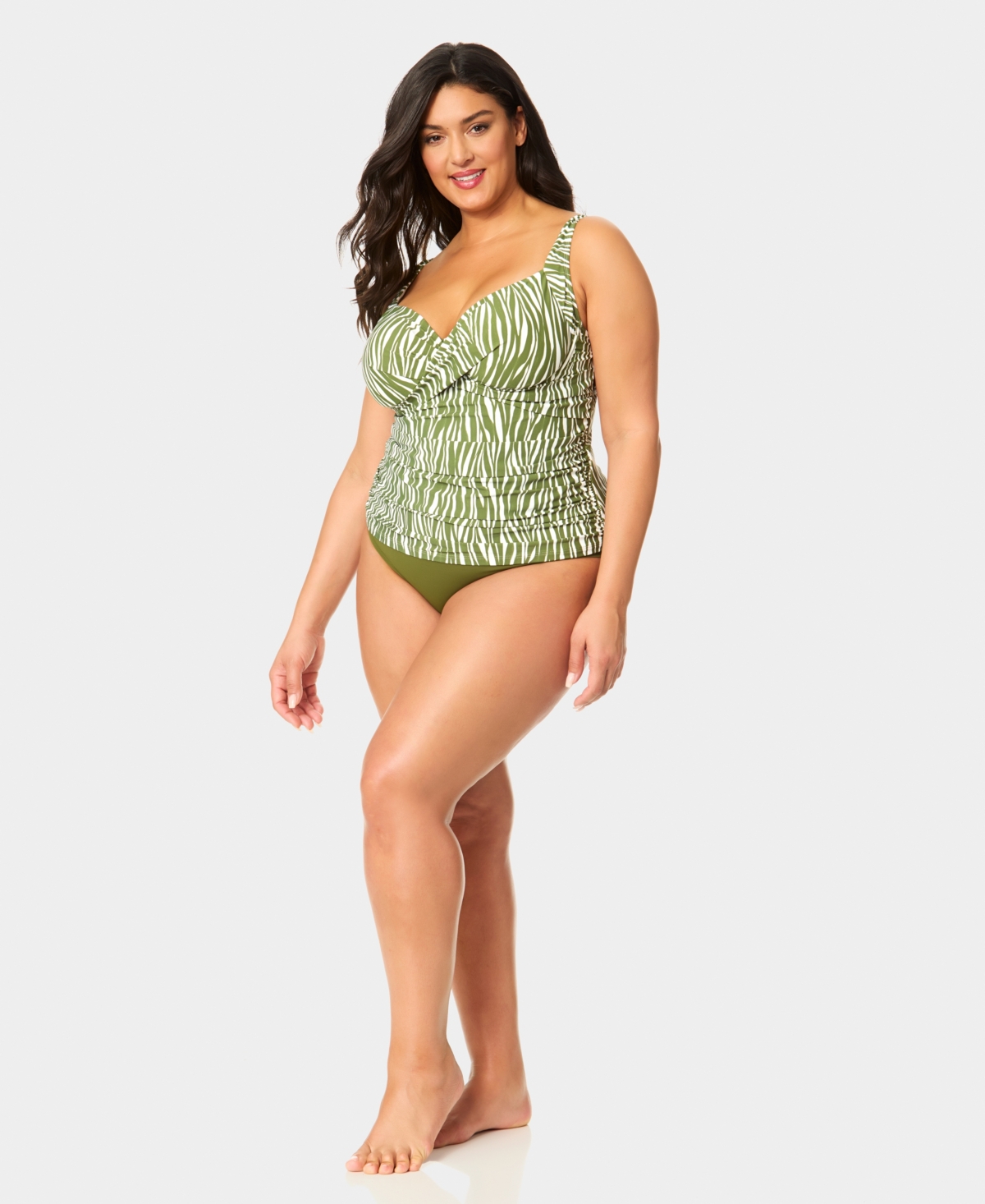 Anne Cole Plus Size V-Neck Underwire Printed Drape Front Tankini Top