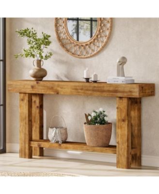 63-Inch Solid Wood Long Console Table, Farmhouse Narrow Entryway Sofa Table with 2-Tier Storage, Rustic Brown
