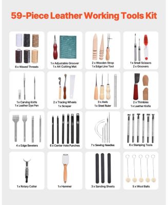 Leather Working Tools Kit, 59-Piece Leather Craft Set w/ Canvas Storage Bag, Punching, Sewing, Stamping & Sanding