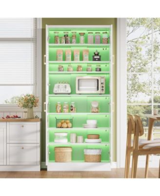 8-Tier Bookshelf with Doors and LED Lights, 68.9" Tall Bookcase with Adjustable Shelves, Modern Wooden Display Cabinet, White