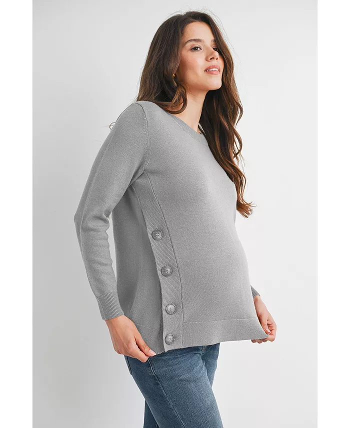 Maternity Crew Neck Side Button Knit Nursing Friendly Sweater - thumbnail 9