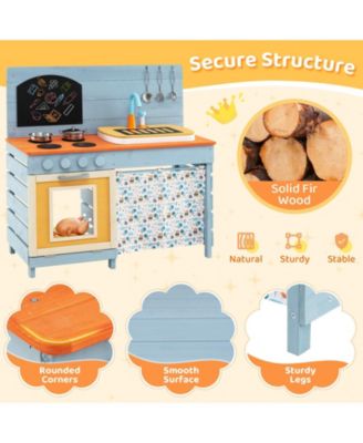 Wooden Kids Play Kitchen With Circulation Faucet Chalkboard Storage Shelves And Accessories