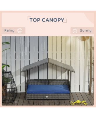 Dark Blue Outdoor Wicker Cat House with Canopy