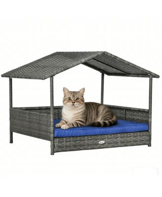 Dark Blue Outdoor Wicker Cat House with Canopy