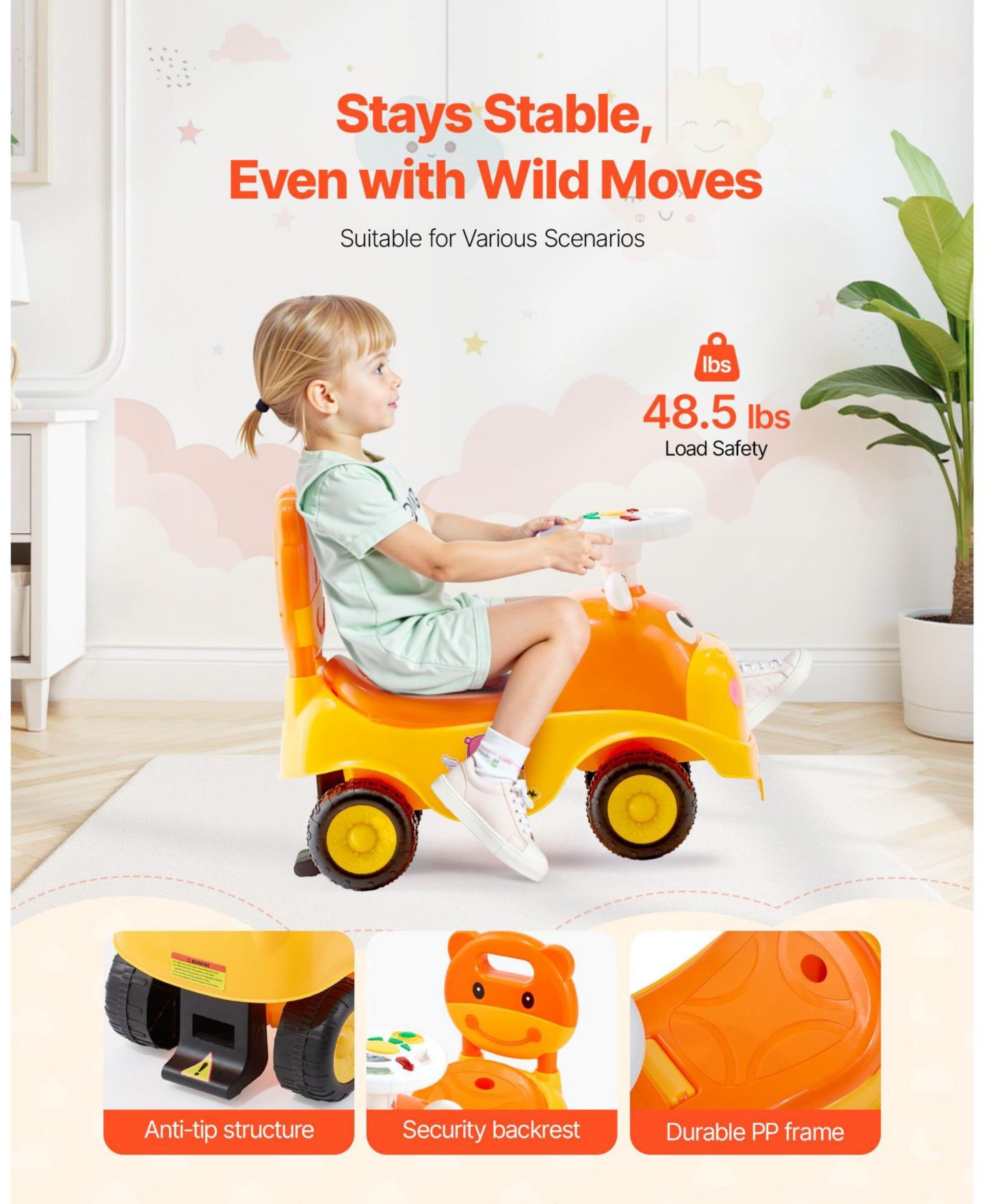 Детская игрушка Mecale Ride On Toddler Push Car with Horn, Music and Storage, Ages 19-36 Months, цвет: Жёлтый — фото 4
