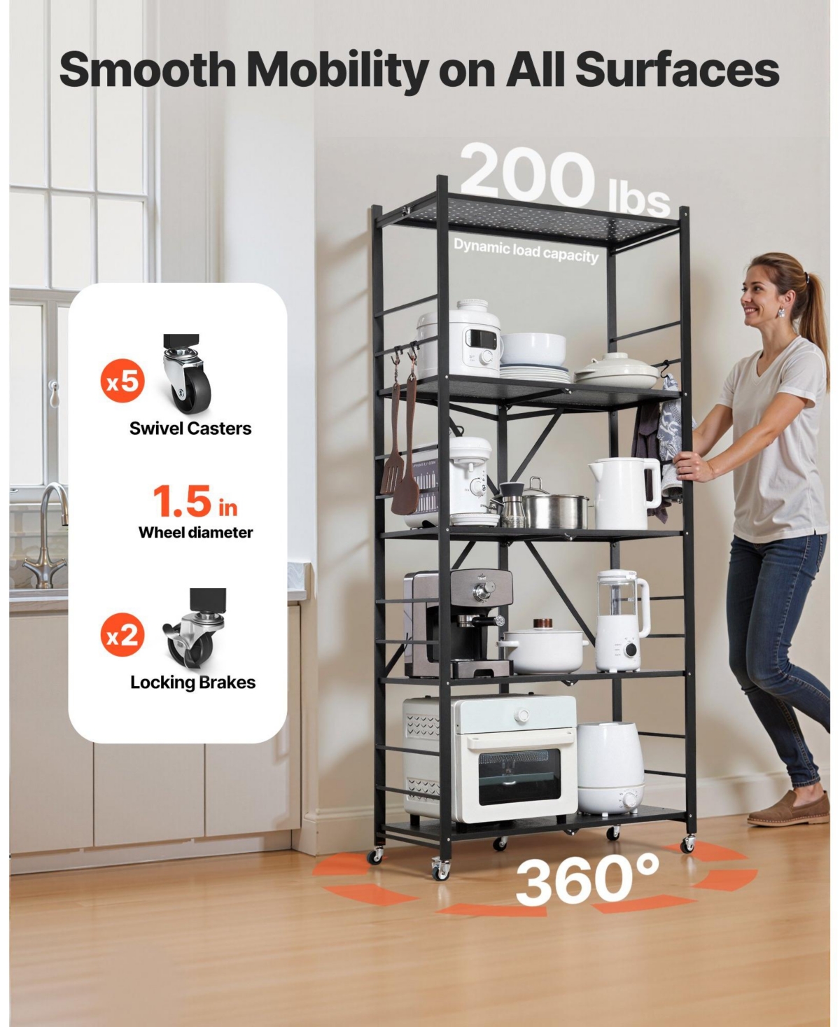Ecooso 5-Tier Foldable Storage Shelf, 32"W x 14"D x 72"H, No-Assembly Metal Rack w/ Wheels & Hooks