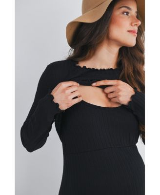 Maternity Long Sleeve Round Neck Ribbed Nursing Friendly Dress