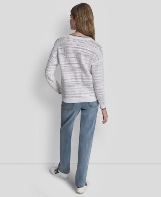 Women's Crew Neck Long-Sleeve Tipped Pointelle Sweater