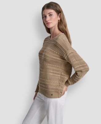 Women's Crew Neck Long-Sleeve Tipped Pointelle Sweater