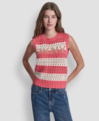 Women's Crew Neck Striped Pointelle Stitch Sweater