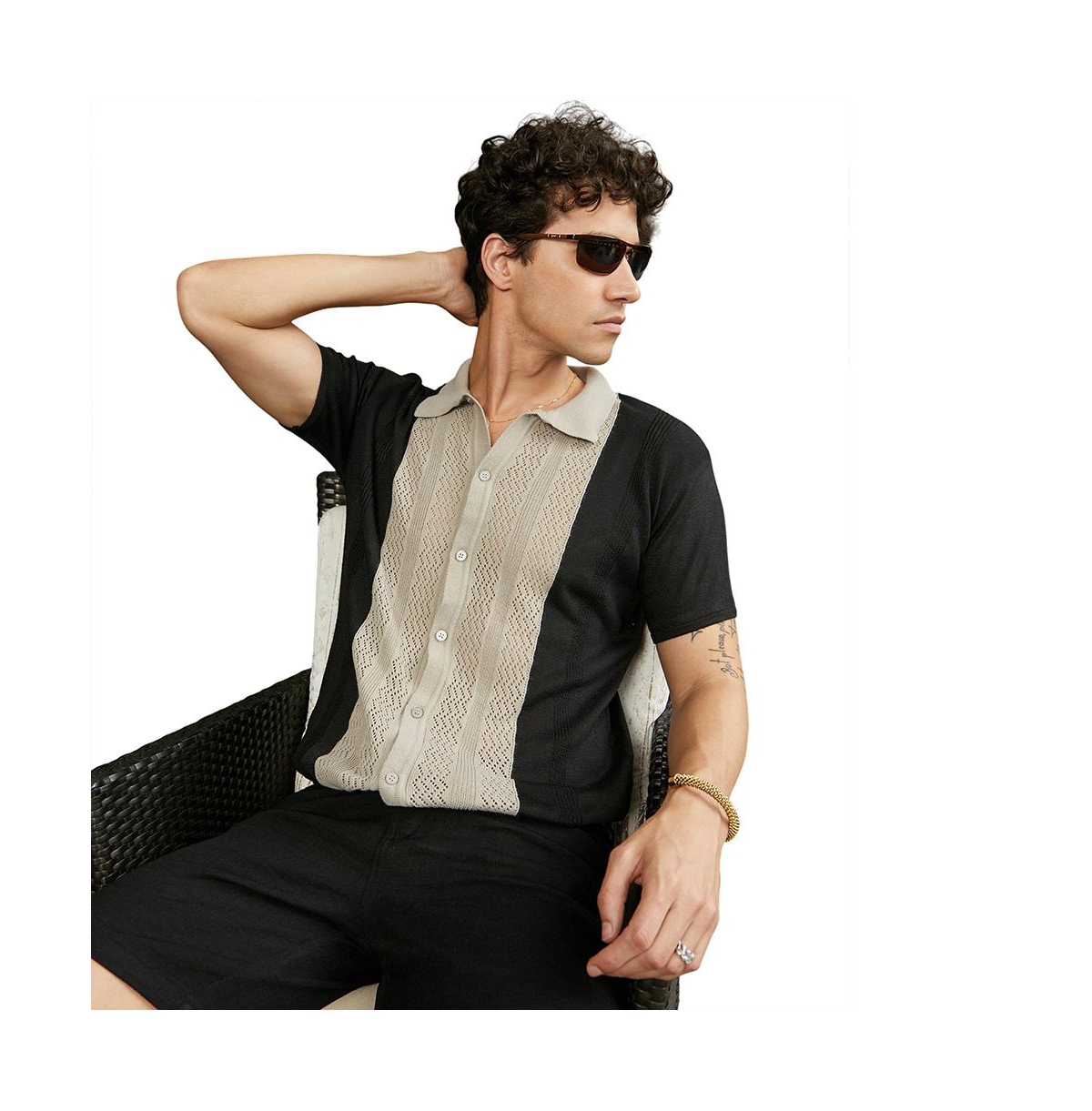 Campus Sutra Men's Sand Beige & Onyx Black Block-Knit Slim-Fit Shirt