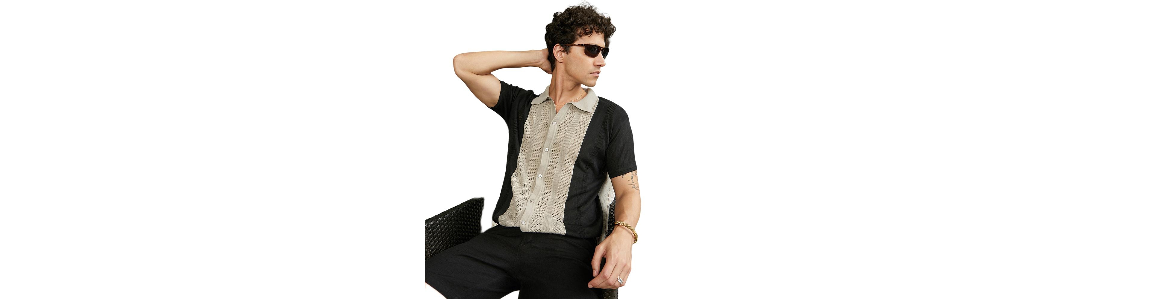 Cahoot Men's Campus Sutra Sand Beige & Onyx Black Block-Knit Slim-Fit Shirt